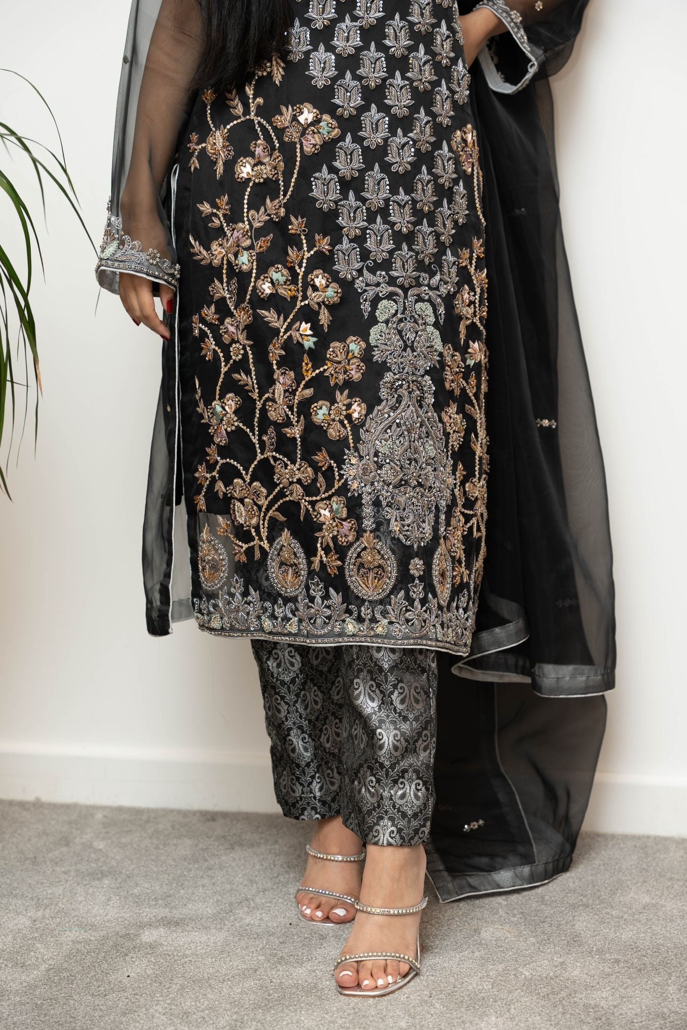 Black Heavy Embellished Organza