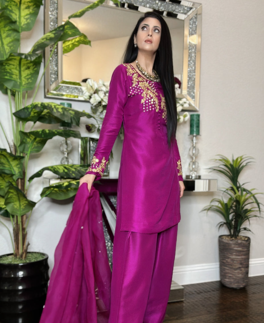 Fuchsia Bloom Rawsilk - Farshi