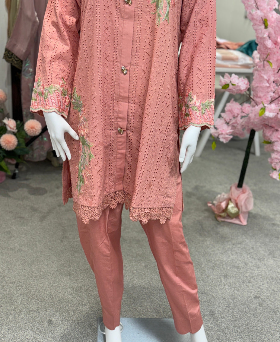 Peach chikankari - Lines