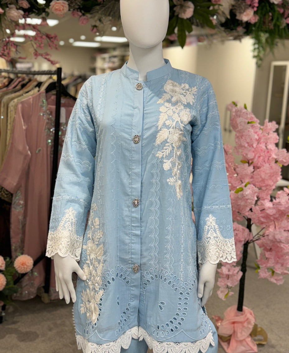 Ice blue wave chikankari