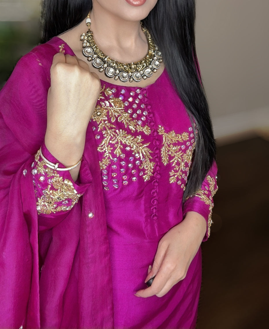 Fuchsia Bloom Rawsilk - Farshi