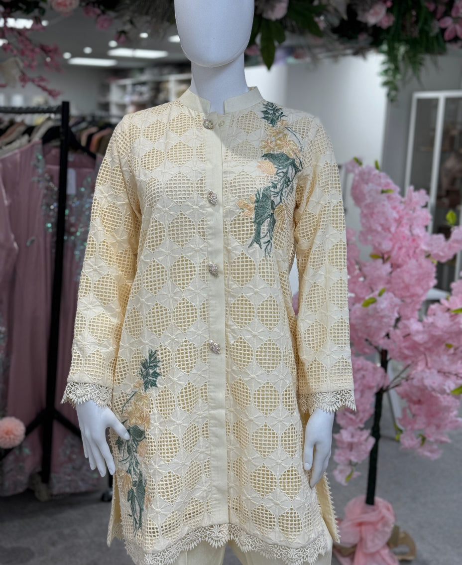 Cream Grid Chikankari Co-ord set