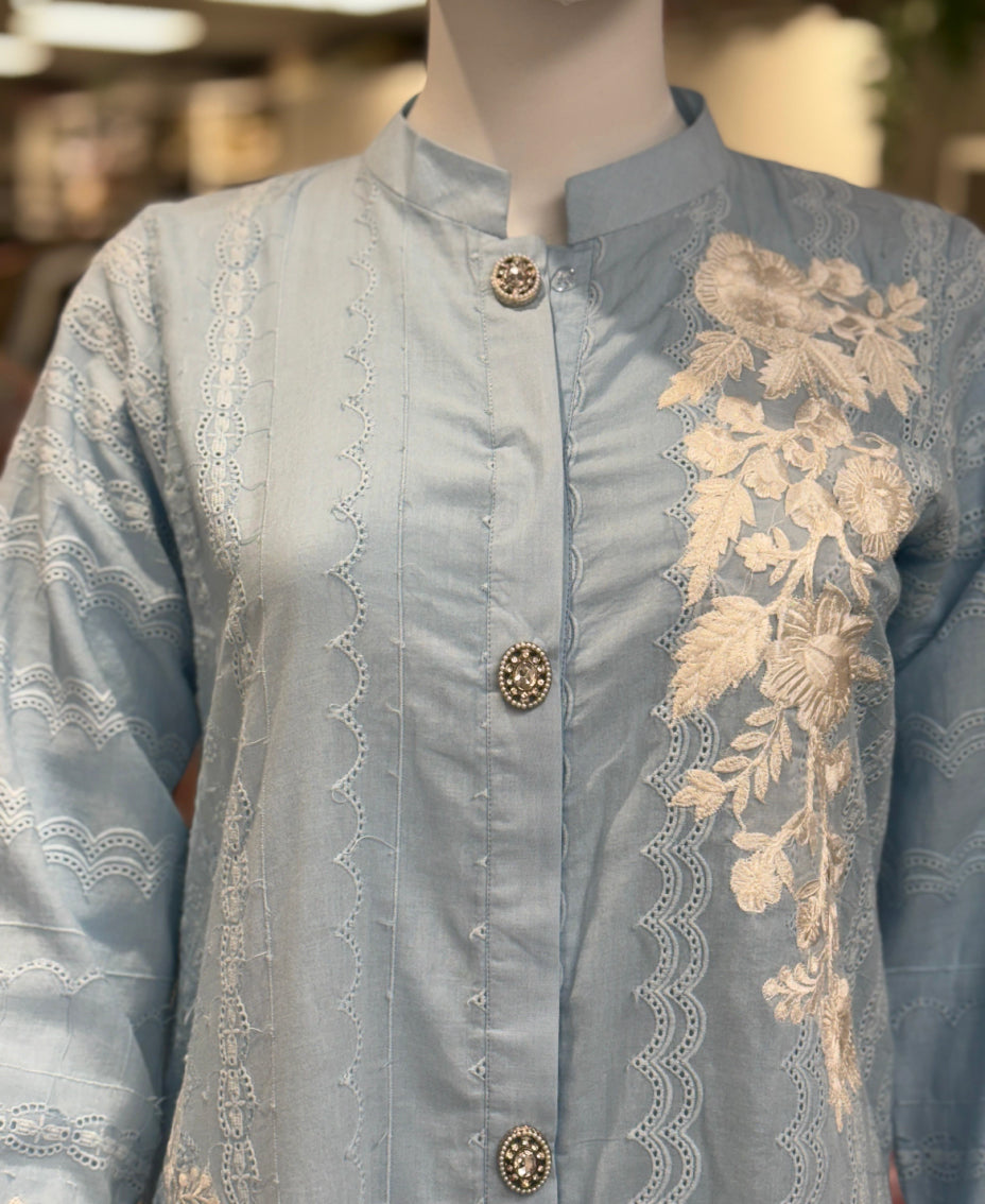 Ice blue wave chikankari