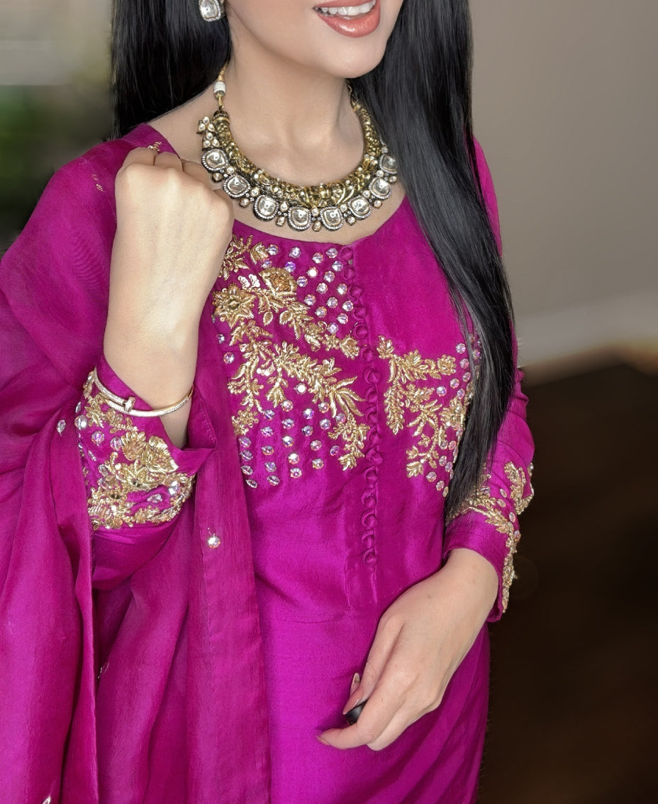 Fuchsia Bloom Rawsilk - Farshi