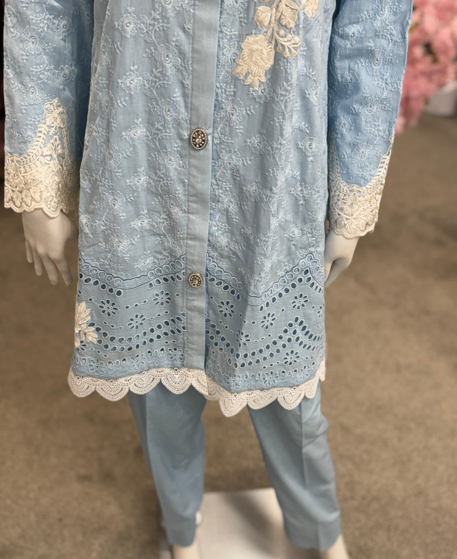 Ice blue garden chikankari