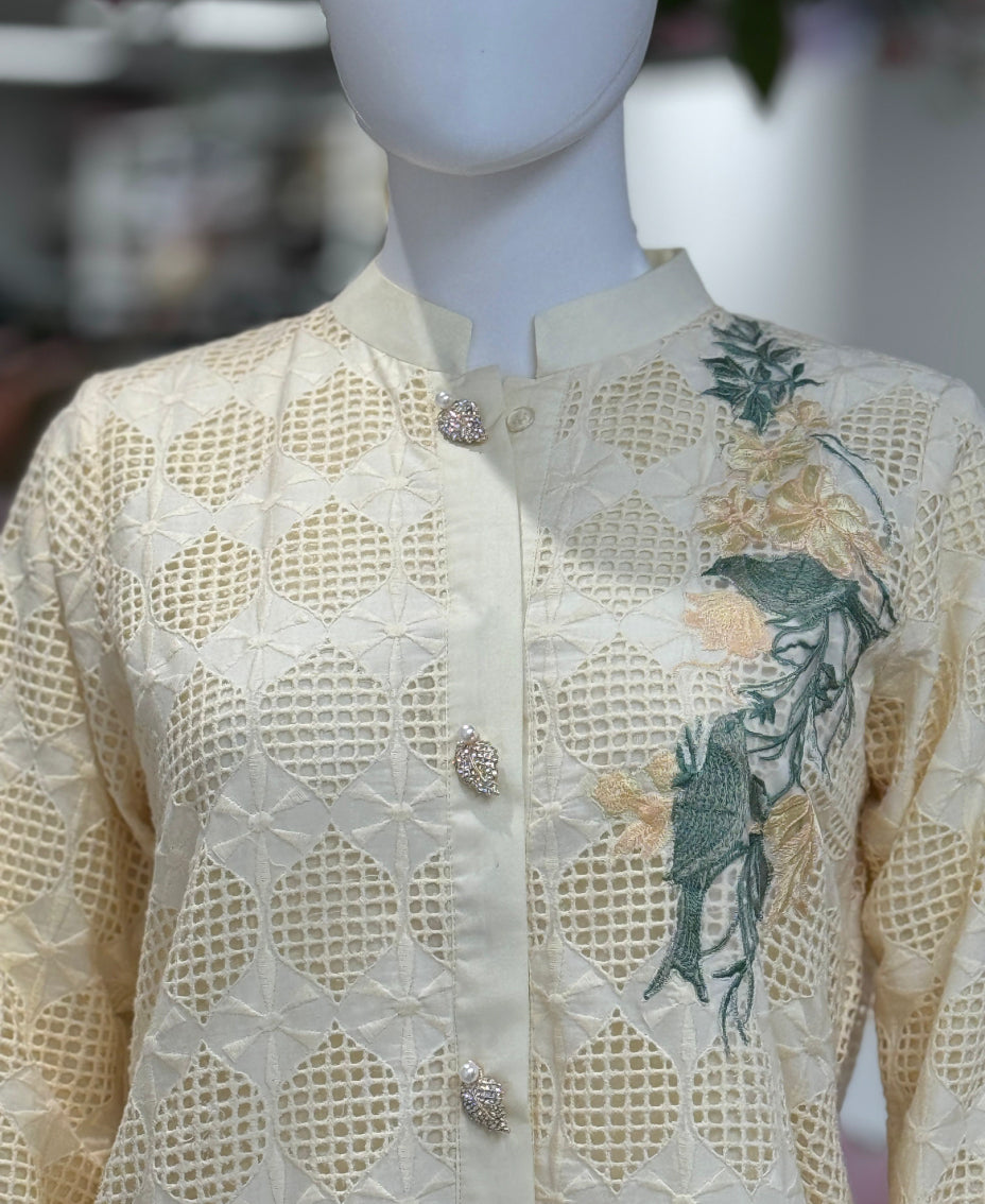 Cream Grid Chikankari Co-ord set