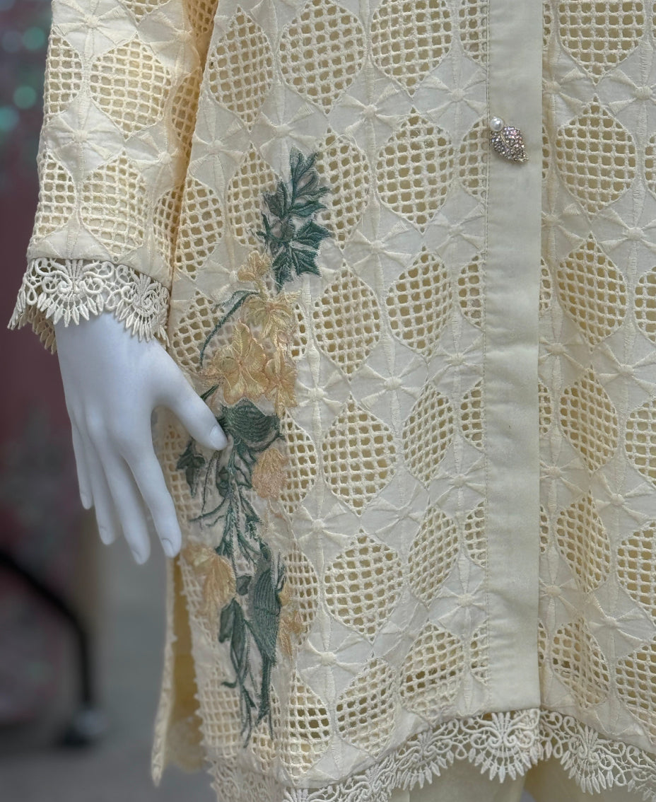 Cream Grid Chikankari Co-ord set