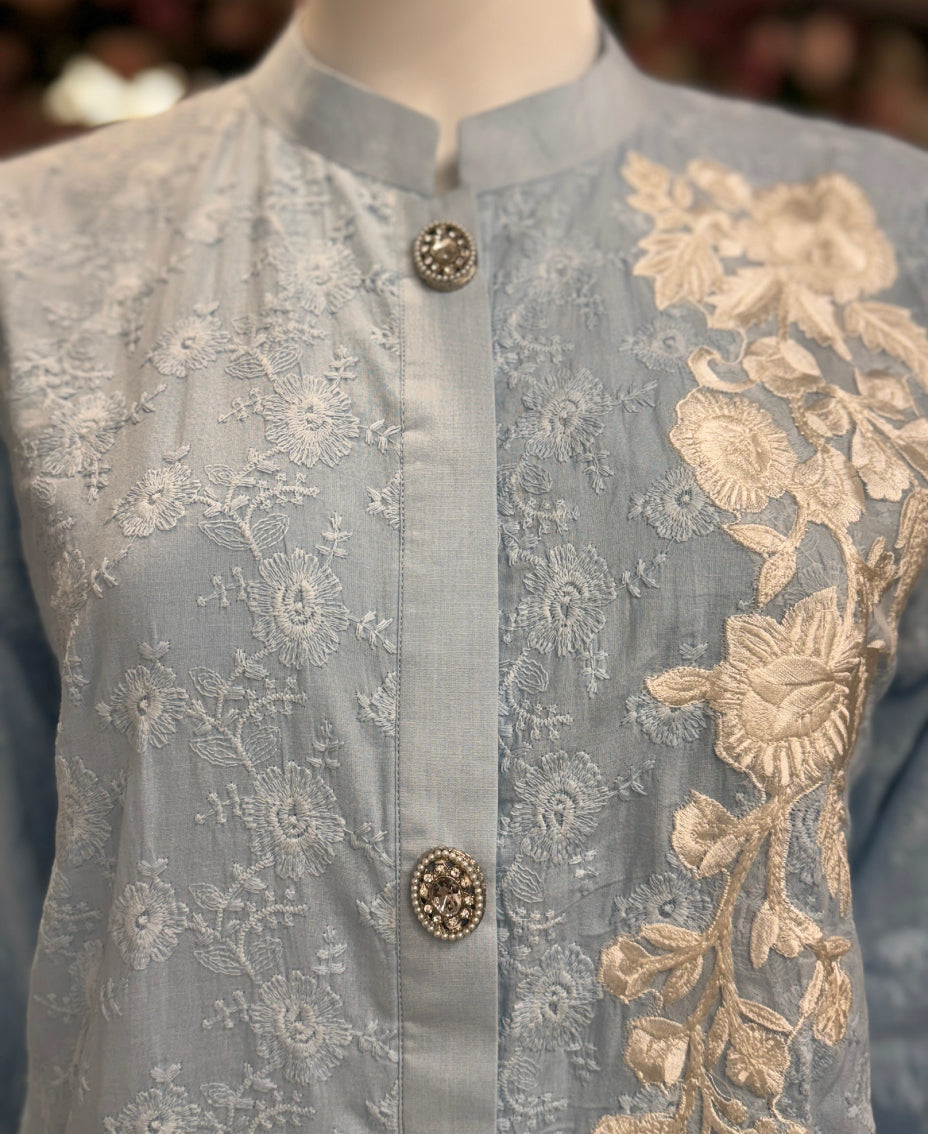 Ice blue garden chikankari