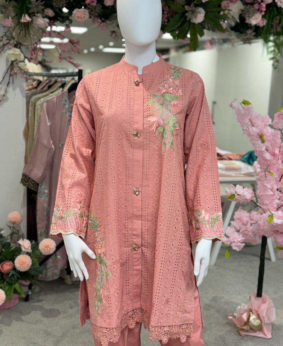 Peach chikankari - Lines