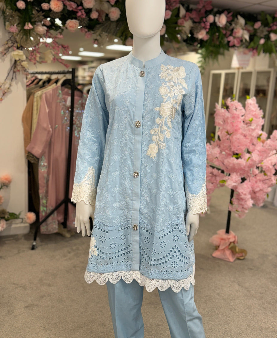 Ice blue garden chikankari