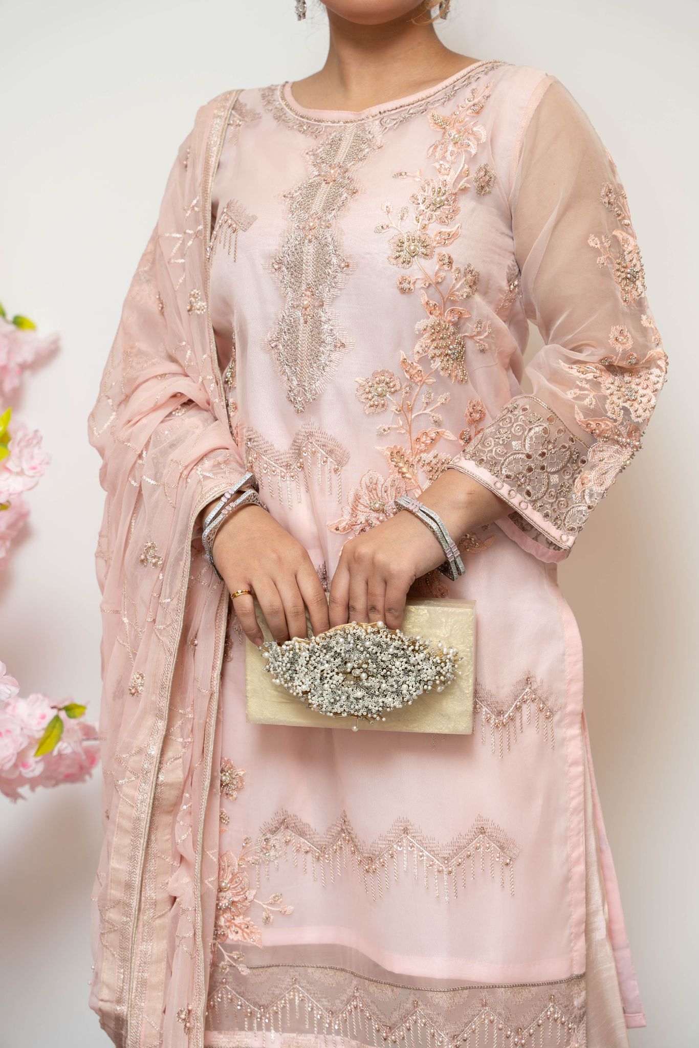 Chiffon and organza machine embroidered 3 piece