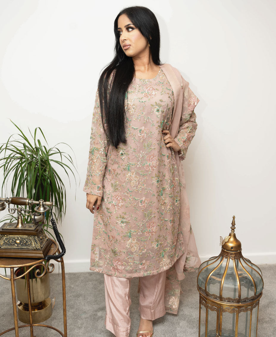 Chiffon Machine Embroidered 3 Piece
