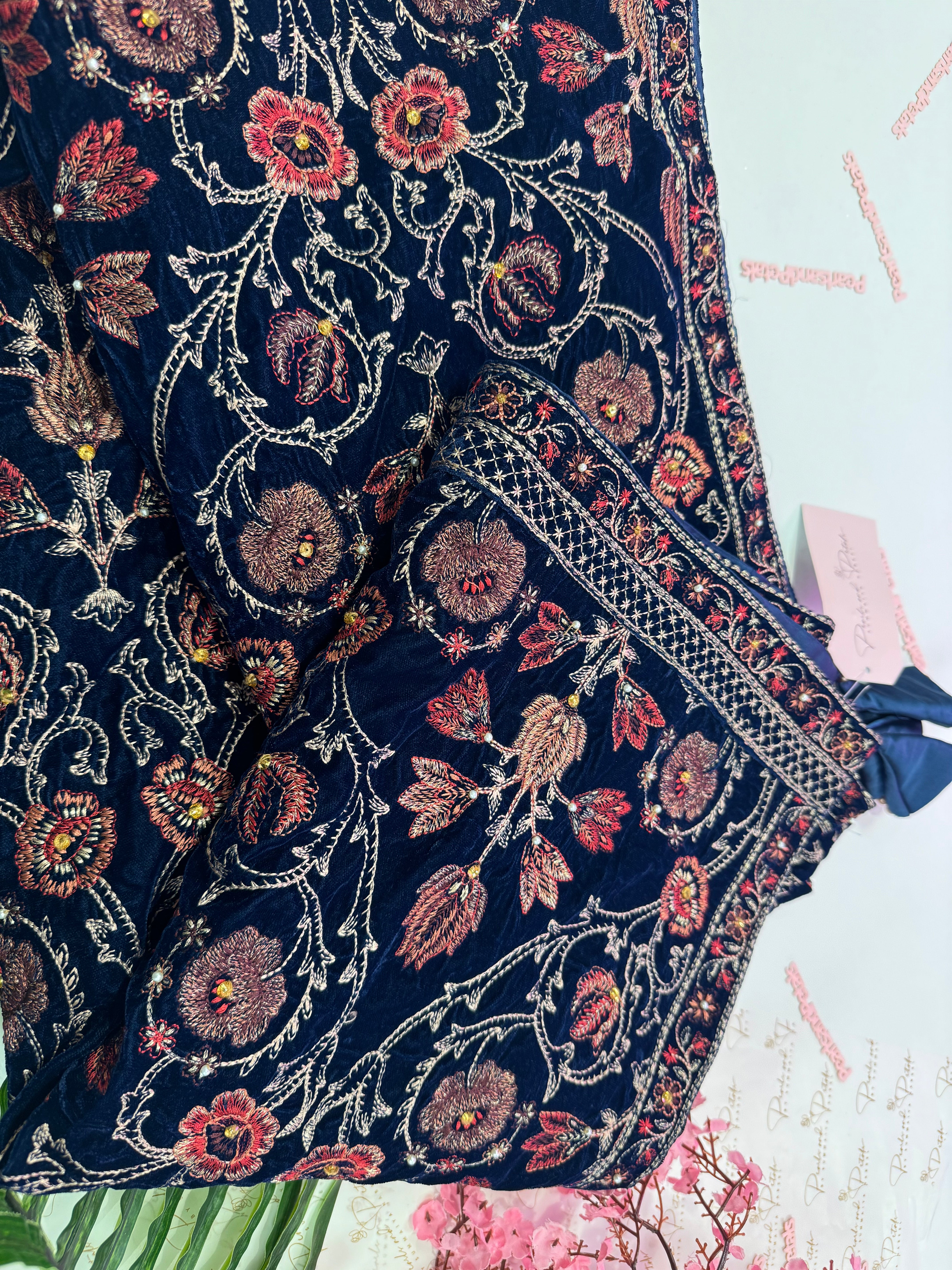 Velvet embroidered shawl teal blue