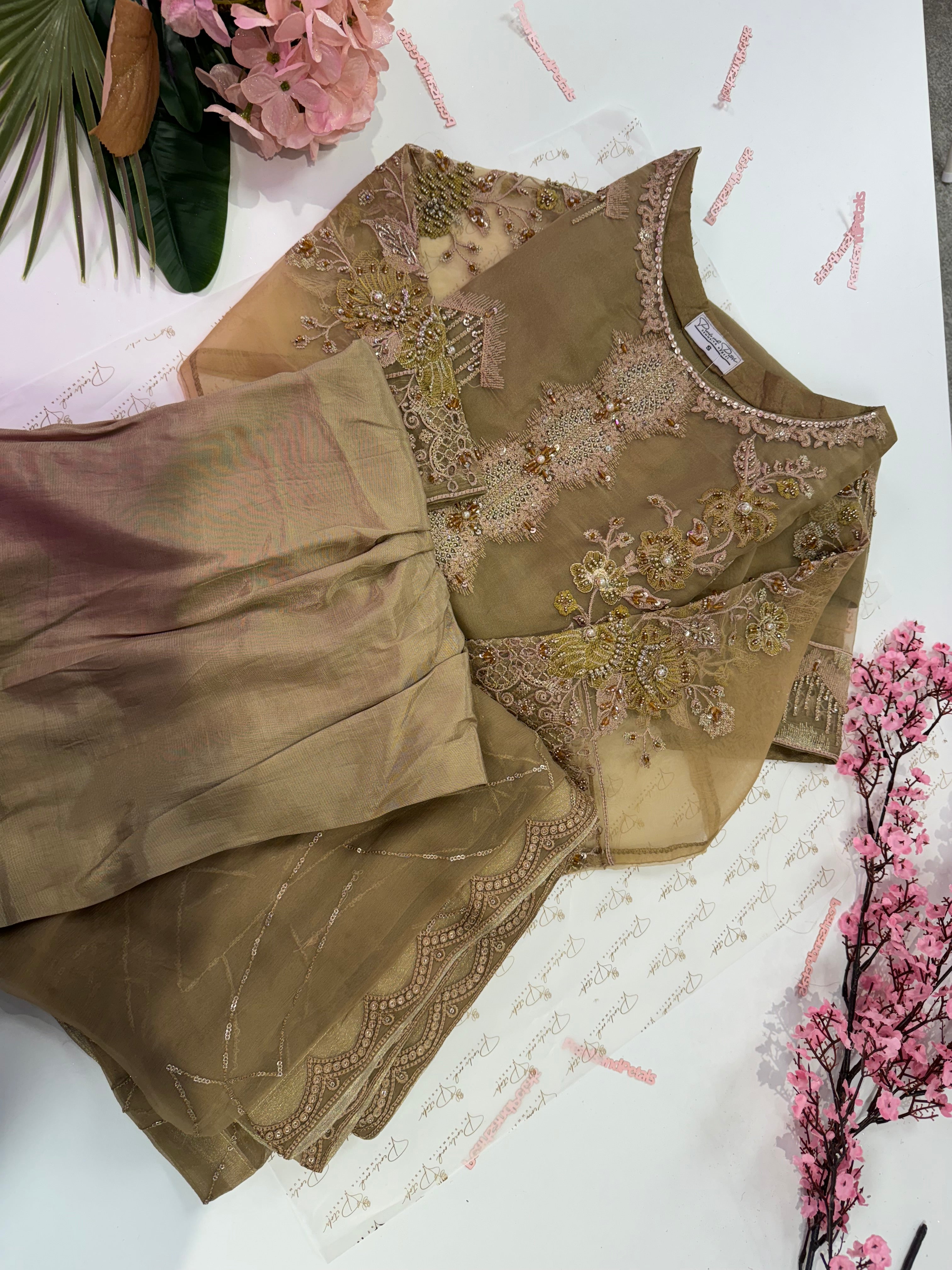 Chiffon and organza machine embroidered 3 piece