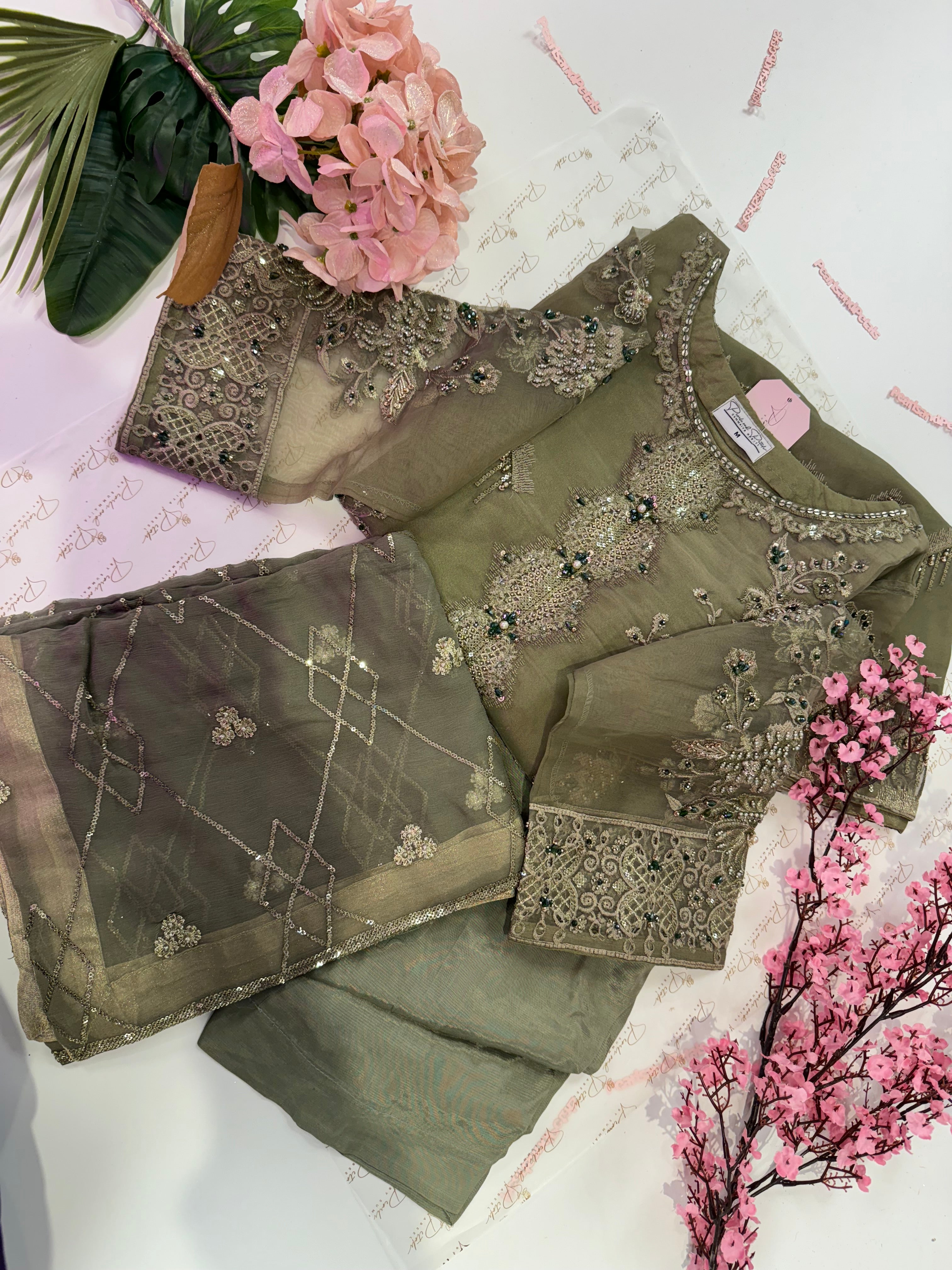 Chiffon and organza machine embroidered 3 piece