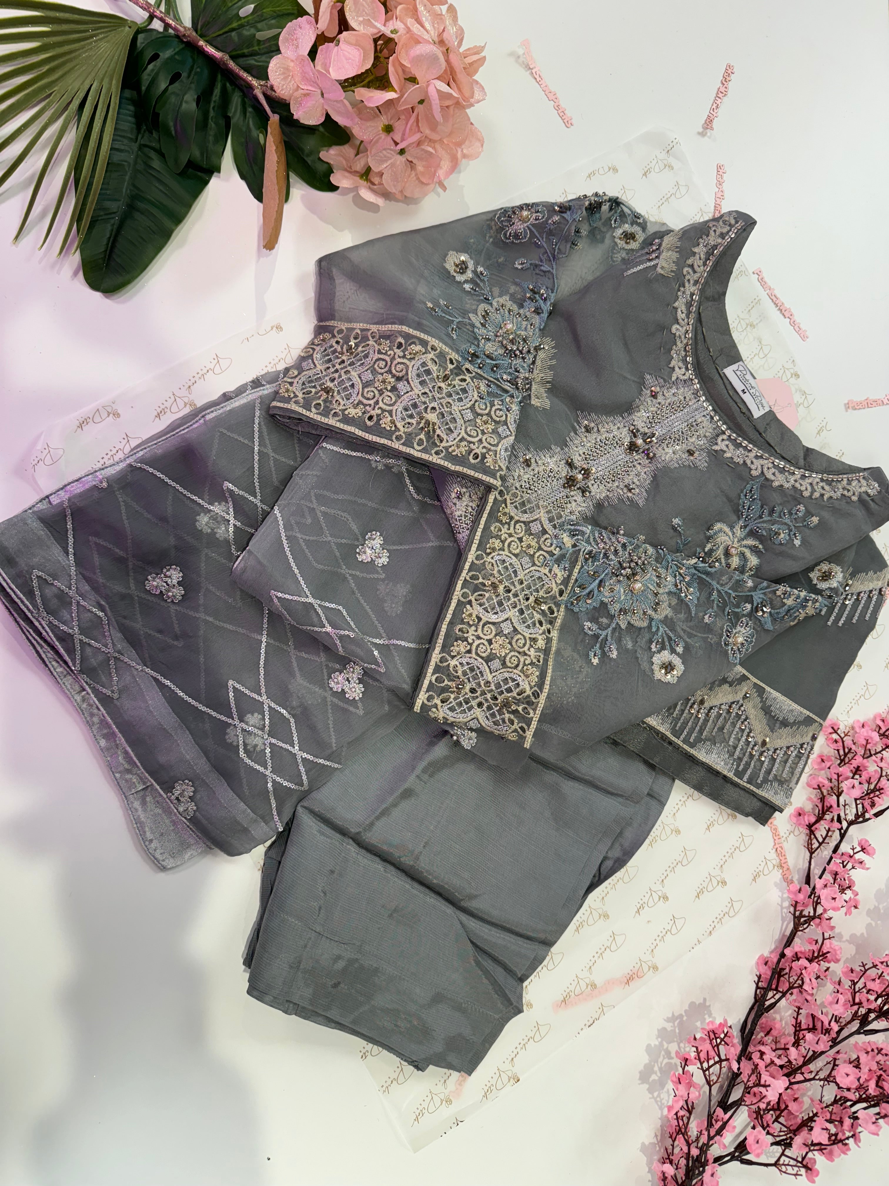 Chiffon and organza machine embroidered 3 piece