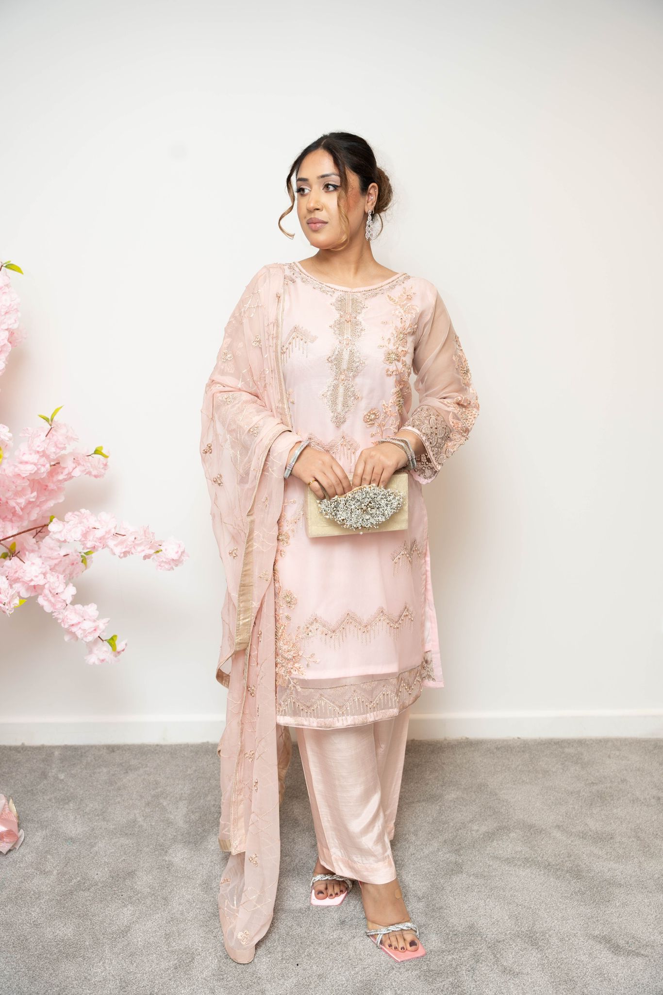 Chiffon and organza machine embroidered 3 piece