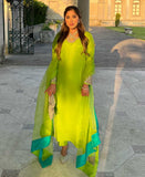 Mastani (Pure raw silk Neon green three piece outfit)