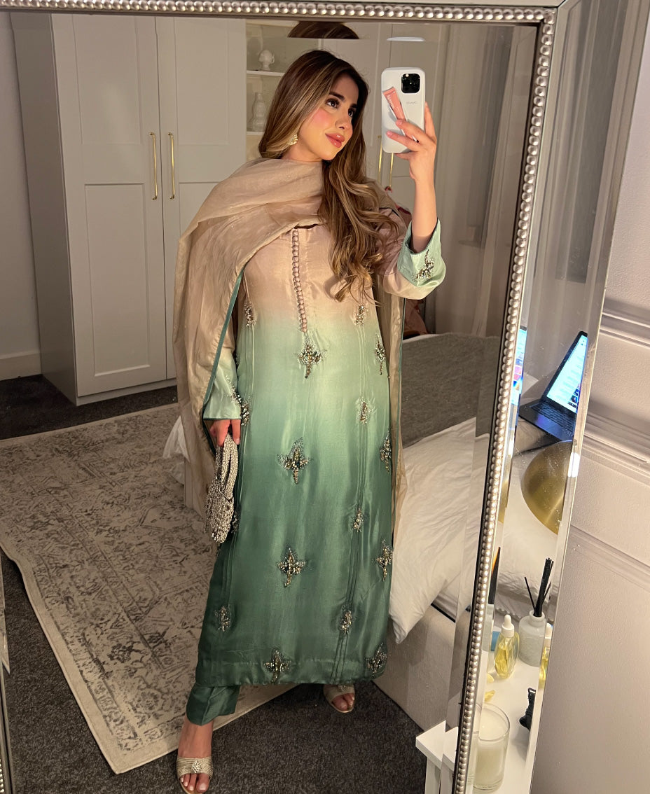 Green ombré raw silk