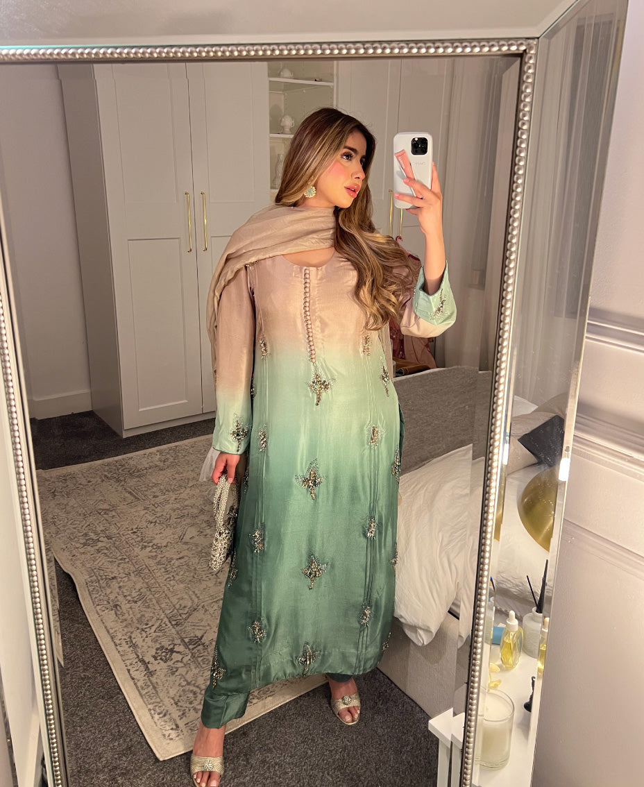 Green ombré raw silk