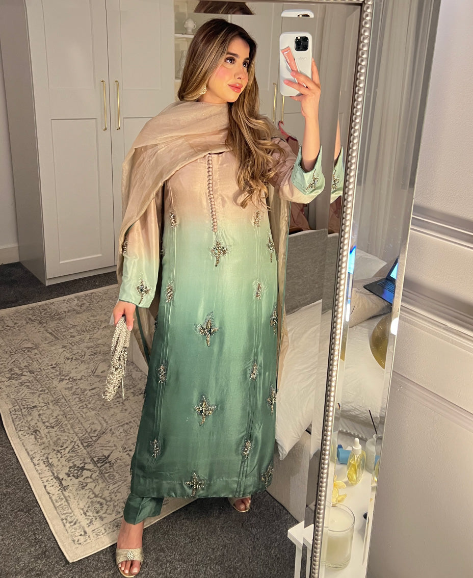 Green ombré raw silk