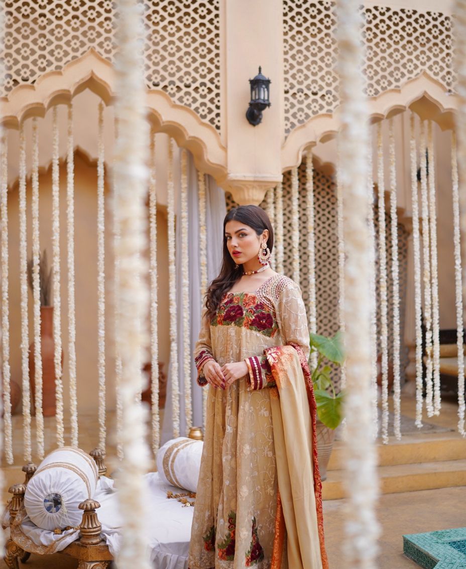 Beige long dress in rust and maroon shades
