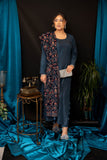 Velvet embroidered shawl teal blue