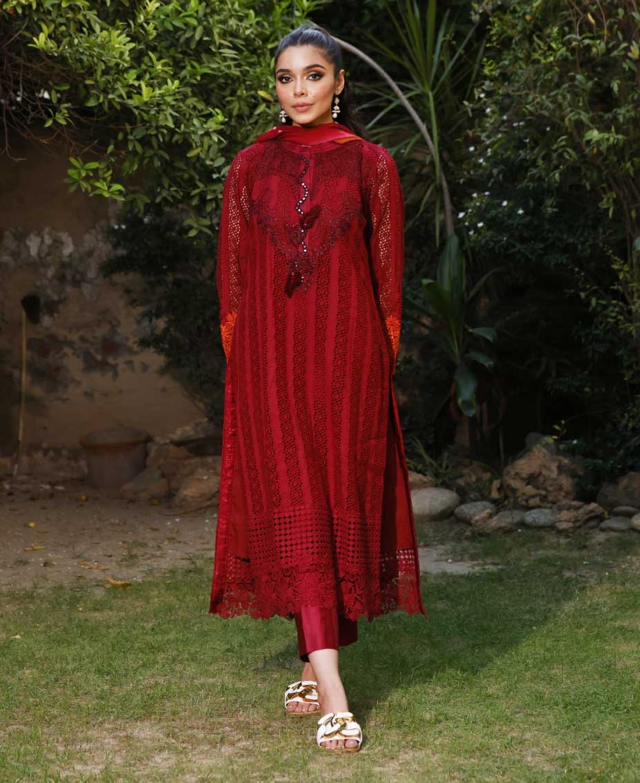 rust schiffli cotton dress Western Era | Schiffli Maxi Dress | Smocked Waist & Embroidery