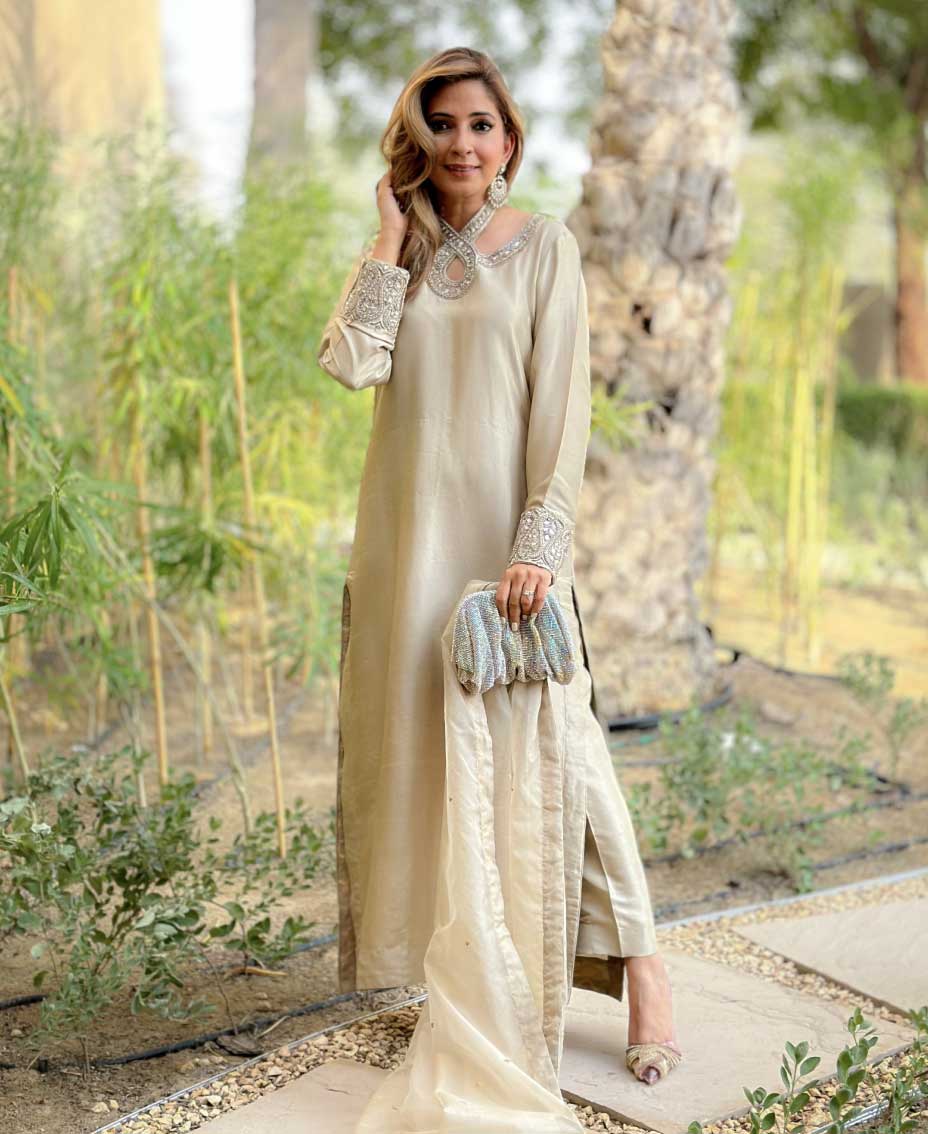 Ivory gold pure Rawsilk outfit Pakistani Silk Suit Desginer