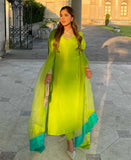 Mastani (Pure raw silk Neon green three piece outfit)