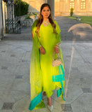 Mastani (Pure raw silk Neon green three piece outfit)