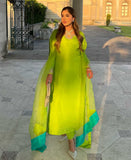 Mastani (Pure raw silk Neon green three piece outfit)