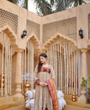 Beige long dress in rust and maroon shades